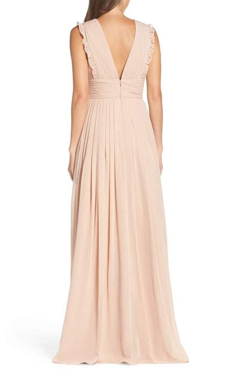 Monique Lhuillier Bridesmaids Deep V Neck Ruffle Pleat Chiffon Gown