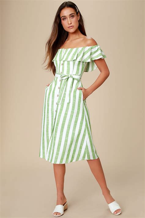 For additional delivery information, click here. Sunny Days Green Striped Off-the-Shoulder Midi Dress ...