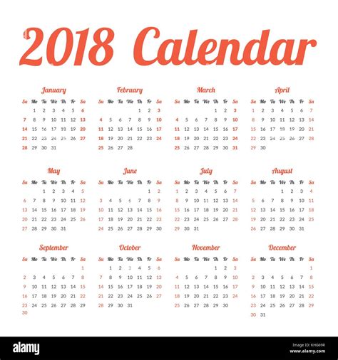 Simple 2018 Year Calendar Stock Vector Image And Art Alamy