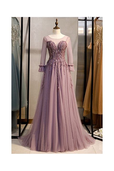 Flowy Purple Long Tulle Prom Dress With Puffy Sleeves 11689