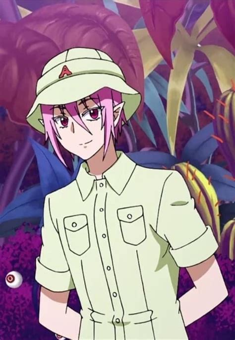 An Anime Character With Pink Hair Wearing A White Hat And Green Shirt