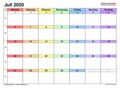 Kalender Juli 2020 Als Pdf Vorlagen
