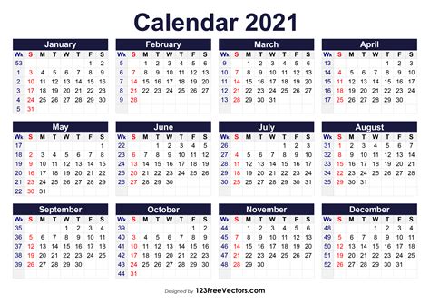 Available for any month or year: Free Printable 2021 Calendar with Week Numbers