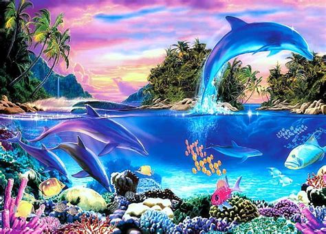 Dolphin Panorama Sea Life Colorful Oceans Scenic Panoramic View