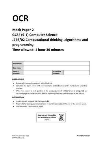 Mock Exam Paper 2 Ocr Gcse Computer Science J2762 Teaching Resources