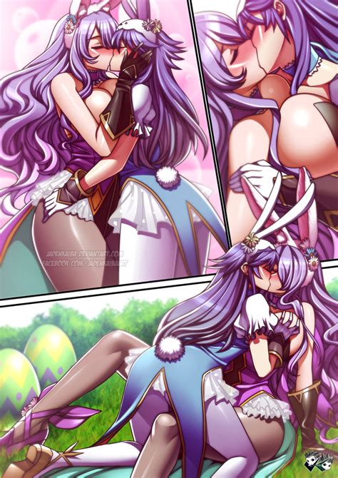 Rule 34 2girls Blue Hair Blush Breast Grab Breast Press Breasts Bunny Ears Camilla Fire