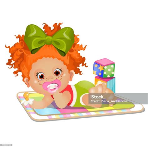 Little Redhaired Girl Sucks A Pacifier Lying On The Rug Isolated On White Background Vector