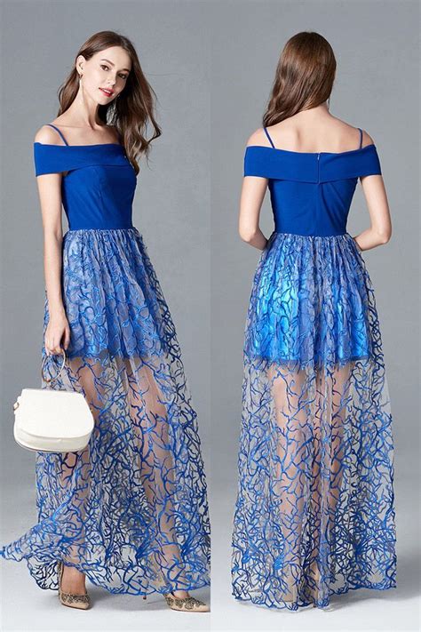 Off The Shoulder Blue Long Prom Dress With Unique Lace Dresses