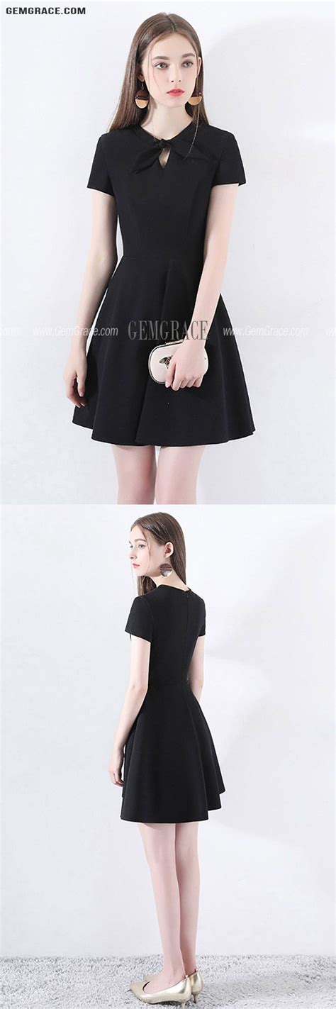 [ 60 69] Retro Chic Short Sleeve Little Black Dress With Bow Knot Htx97005