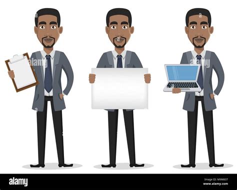 African American Business Man Cartoon Character Set Businessman In