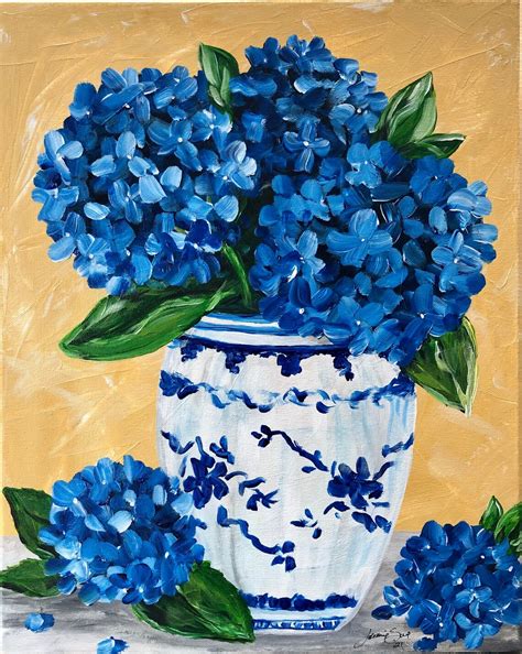 Acrylic Painting Bright Blue Hydrangea In Chinoiserie Vase Etsy