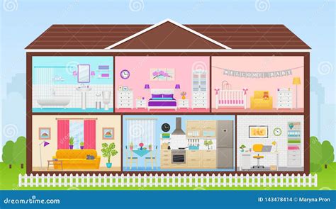 House Inside With Rooms Interiors Vector Illustration In Flat Design