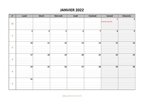 Calendrier Janvier 2022 à Imprimer