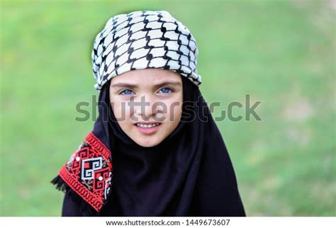 Portrait Palestinian Girl Traditional Arab Keffiyeh Stock Photo