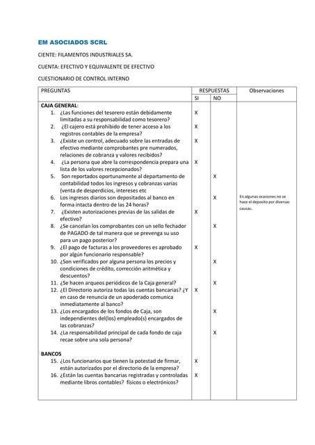 Cuestionario De Control Interno Efectivo Y Equivalente Udocz