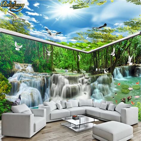 Beibehang Custom Waterfall Flowing Forest Wallpaper For Walls 3d Wall