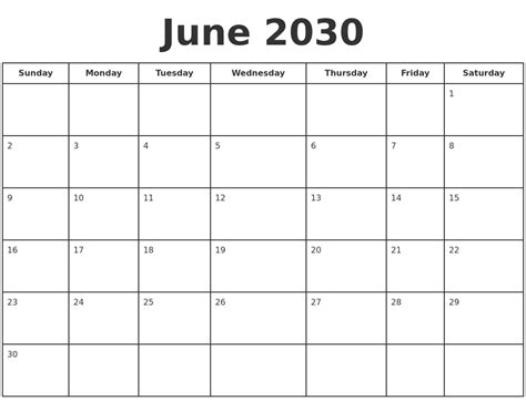 June 2030 Print A Calendar