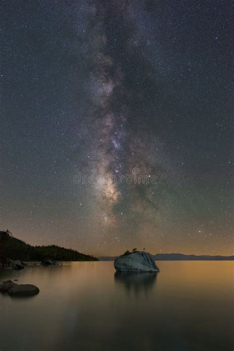 Milky Way Galaxy Over Bonsai Rock Lake Tahoe Stock Image Image Of