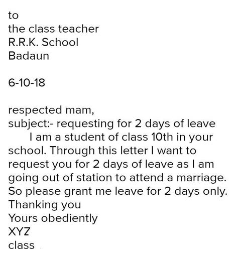 Write A Letter To Your Class Teacher Sikkingpeemision Of Two Days Leave