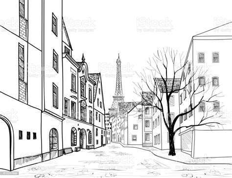 Paris City Street Engraving Cityscape Alleyway With Eiffil Tower Stock