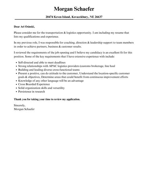 Transportation & Logistics Cover Letter | Velvet Jobs
