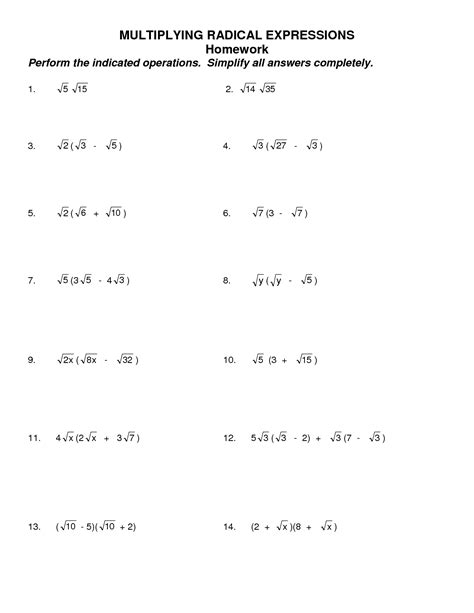 Multiplying And Dividing Radical Numbers Worksheet