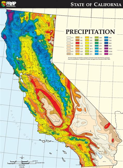 California Average Annual Precipitation Climate Map With Color Coded