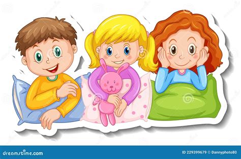 Sticker Template With Three Kids In Pajamas Costumes Isolated Stock