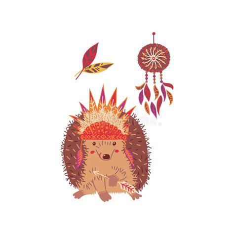 Funny Hedgehog With Autumn Leaves Flat Vector Illustration Isolated On