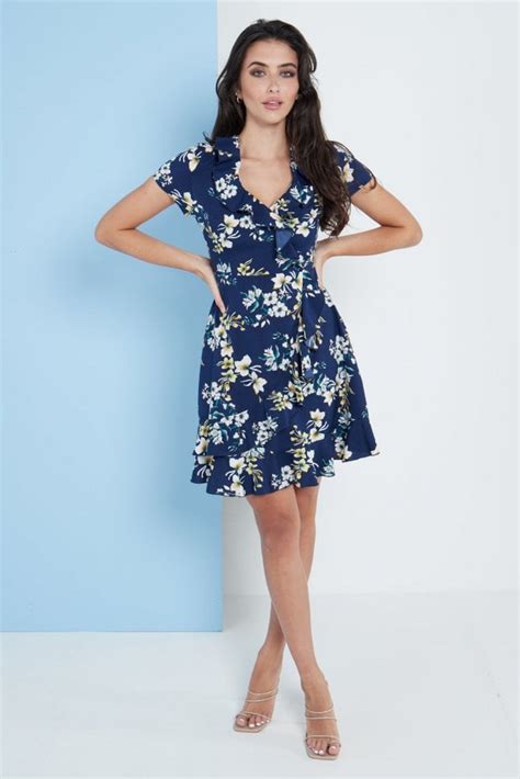 Navy Blue Floral Wrap Frill Dress Sale From Yumi Uk