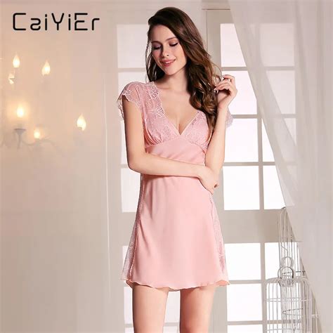 Caiyier 2018 Sexy Nightgown Summer Elegant Women Silk Slip Pink Black Ribbons Halter Nightwear
