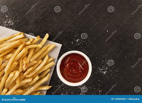 French Fries With Ketchup On Dark Background Stock Image Image Of