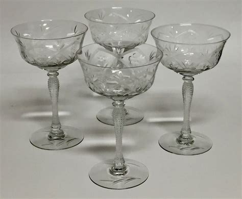 Vintage Crystal Tall Sherbet Champagne Glasses Set Of 4 Etched Floral