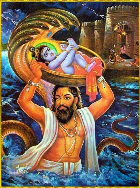Vasudev With Baby Krishn Crossing Yamuna River Vasuki Naag Protecting Baby Krishn Krishna