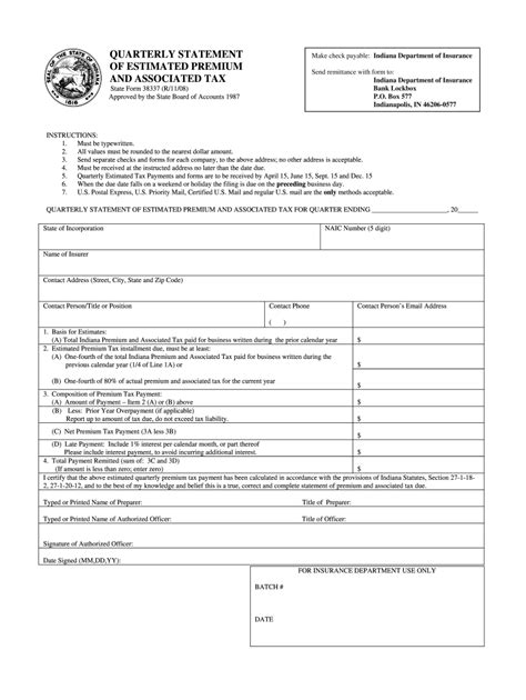 Fillable Online In State Of Indiana Quarterly Premium Tax Form Fax Email Print Pdffiller