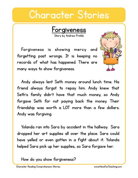 Forgiveness Character Reading Comprehension Worksheet By Teach Simple