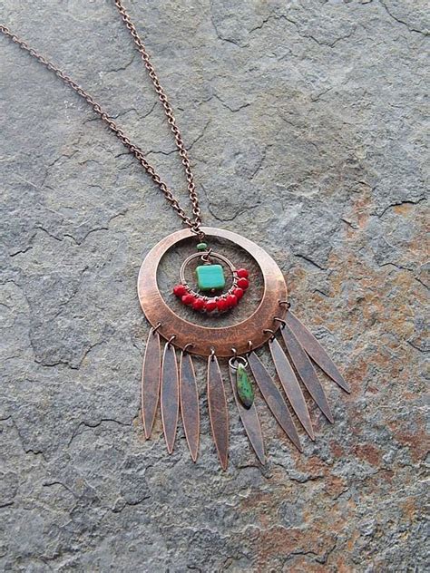 Copper Statement Necklace Turquoise And Red Medallion Etsy Copper
