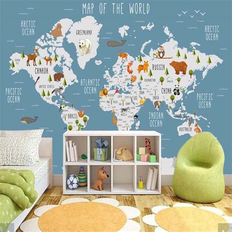 3d Carton Animal World Map Wallpaper Mural For Kids Room