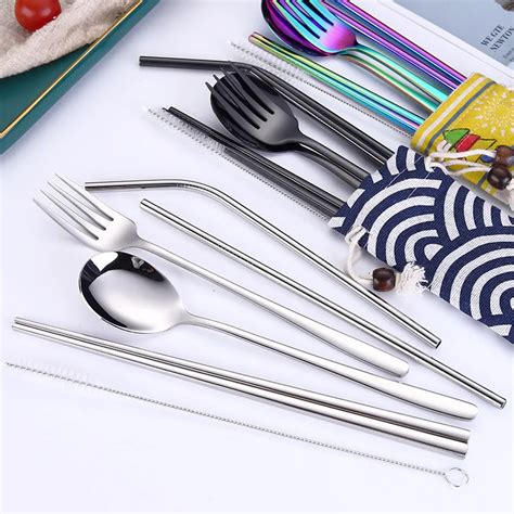 Stainless Steel Cutlery Set Chopsticks Fork Spoon Set Metal Straw