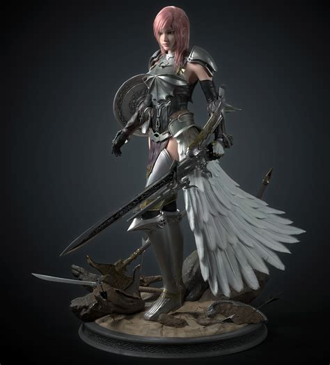Cifangyi CGi Women Pink Hair Looking Away Bangs Warrior Armor Weapon Sword Feathers Steel Simple