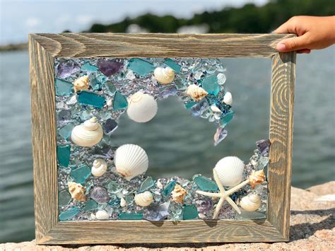 14x17 Beach Glass And Shells In Barnwood Frame Beach Glass Etsy Sea Glass Art Barn Wood