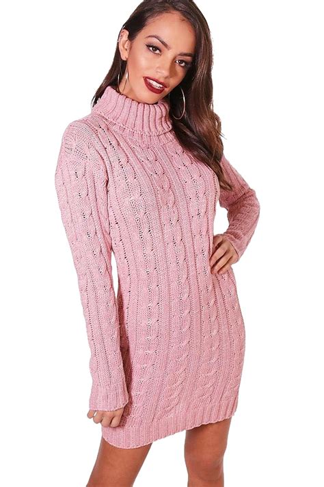 womens ladies cable knitted roll polo neck jumper warm tunic bodycon mini dress ebay