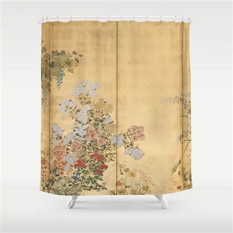 Blue Luxury Fabric Shower Curtain With Beige Floral Pattern Bathroom