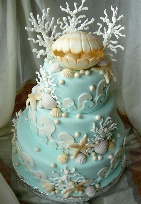 Sea Blue Wedding Cake With Oyster And Pearl Topper Pretty Cakes Cute