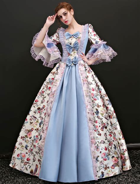 Victorian Dress Costume Womens Rococo Vintage Victorian Era Outfits Illusion Blue Jacquard
