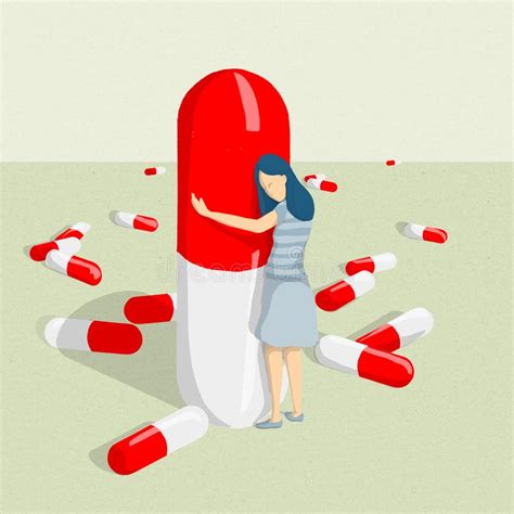 Illustration Of A Woman Hugging A Big Pill That Has Dependence On