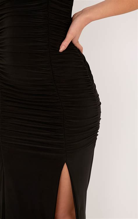 Nia Black Ruched Detail Split Maxi Dress Dresses Prettylittlething