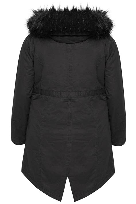 Black Fleece Lined Faux Fur Hooded Parka Sizes 16 40 Yours Clothing