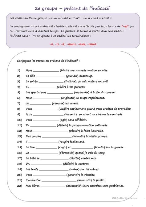 PRESENT DE L INDICATIF 2e groupe verbes ISSANT Français Fle Fiches