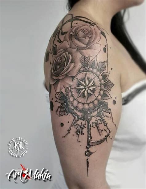 Rose Compass Tattoo By Artmakia On Deviantart Feminine Shoulder